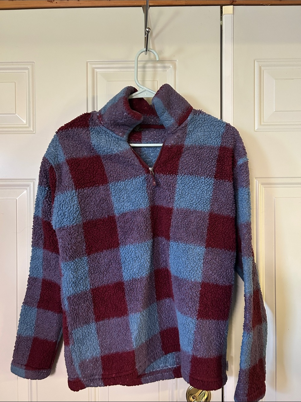 Eddie Bauer Plush Checkered Half-Zip Sweater - Light Blue & Burgundy